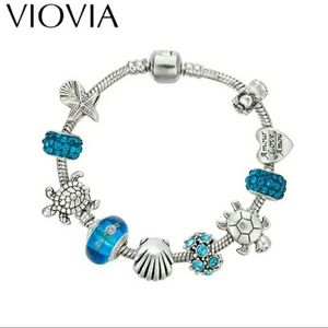 Bracelet Turtles, shell and Handcraft blue Glass Bead Jewelry Bracelet